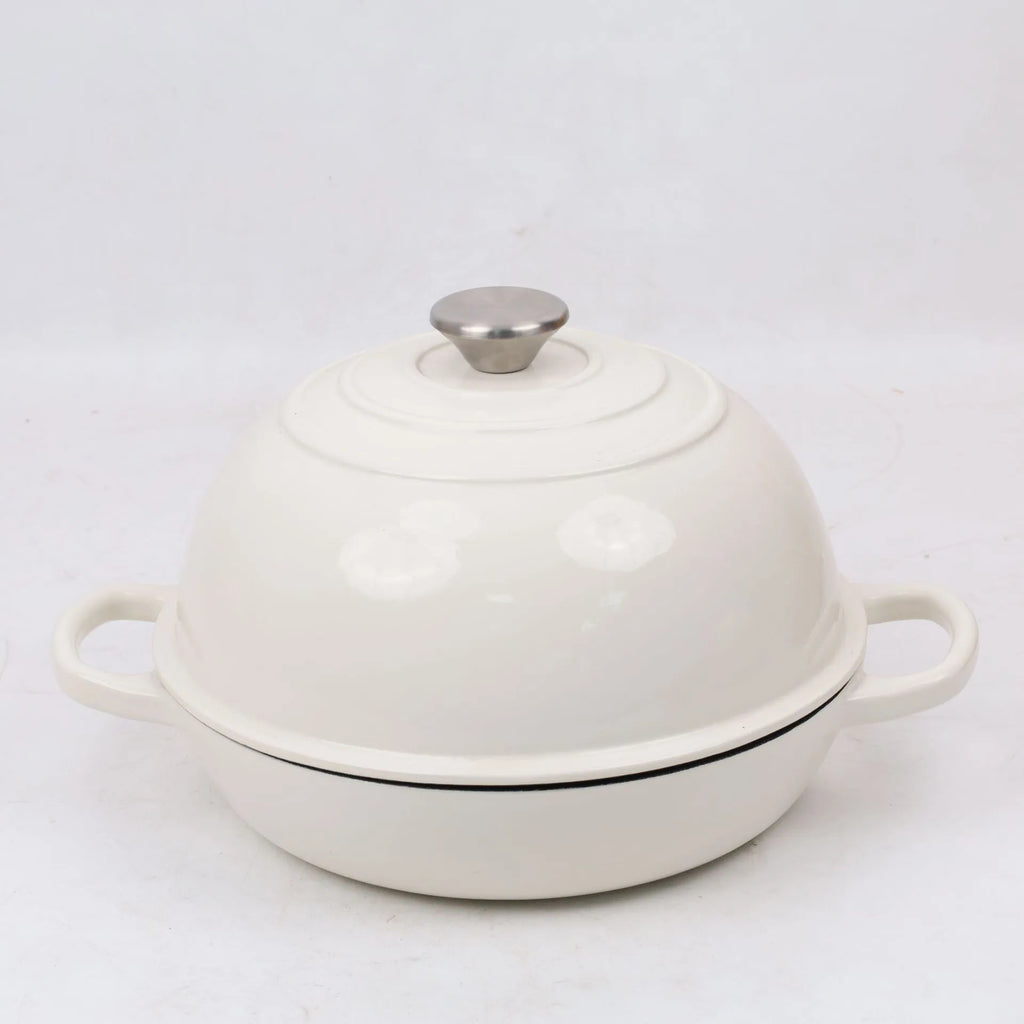 Enamel cast iron bread pot in black with white interior, 24cm size, for toasting bread and frying meat