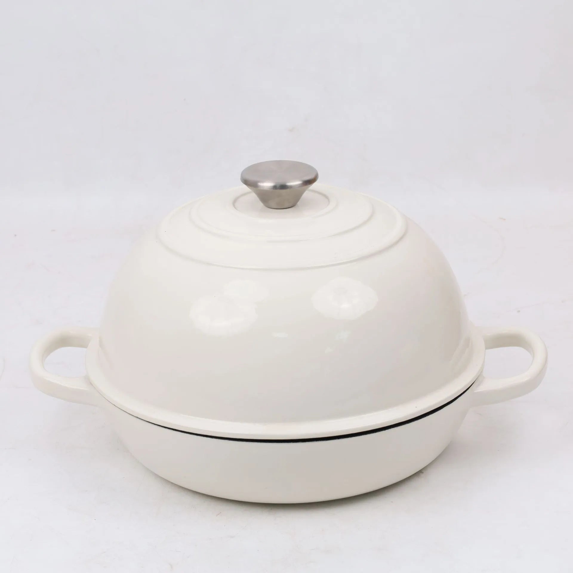 Enamel cast iron bread pot in black with white interior, 24cm size, for toasting bread and frying meat