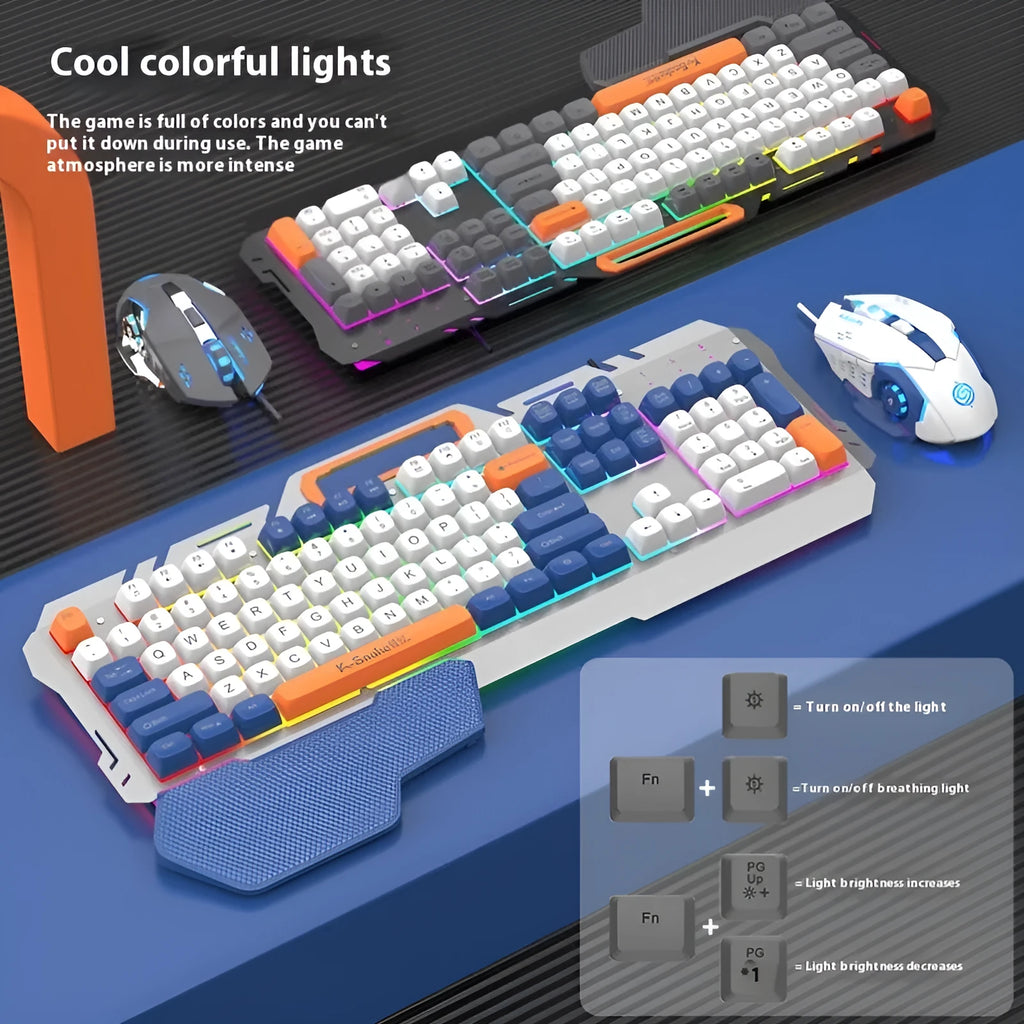 Blue wired gaming keyboard and mouse combo with backlit keys on gaming desk