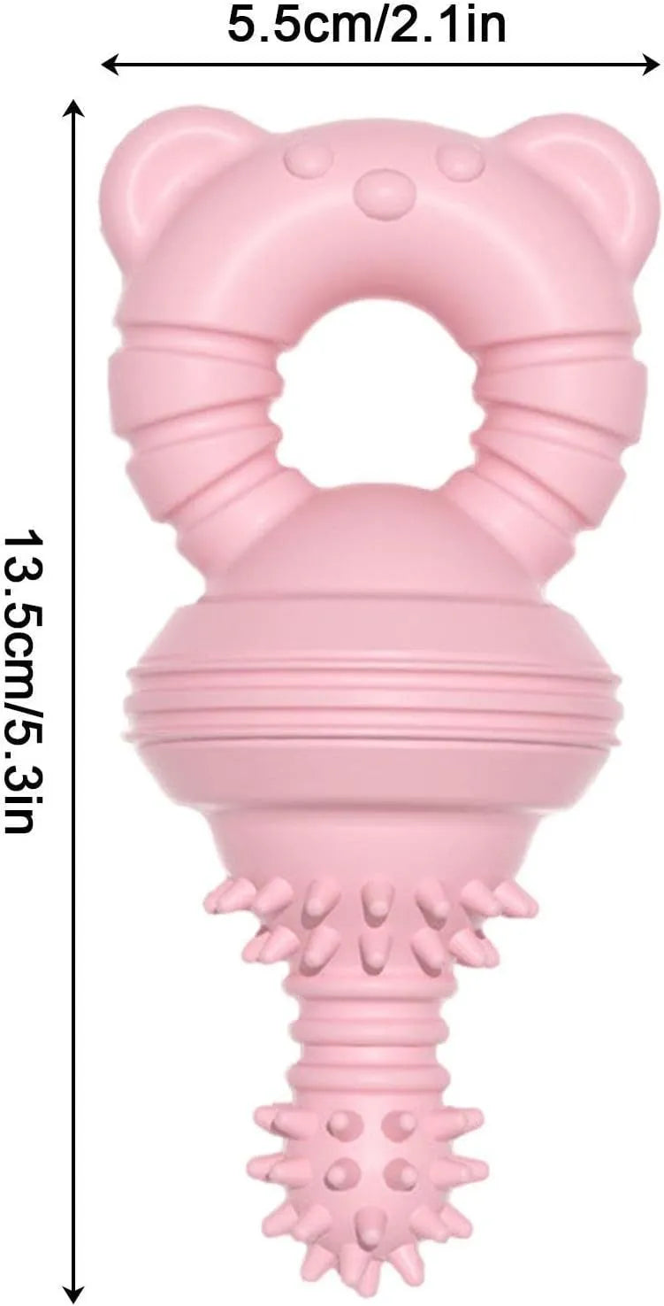 Blue rubber dog chew toy with molar cleaning texture, shown next to a measuring tape indicating 13.5cm size.