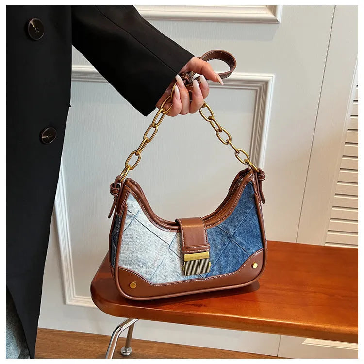 Brown denim women's shoulder bag with diamond chain design and phone compartment