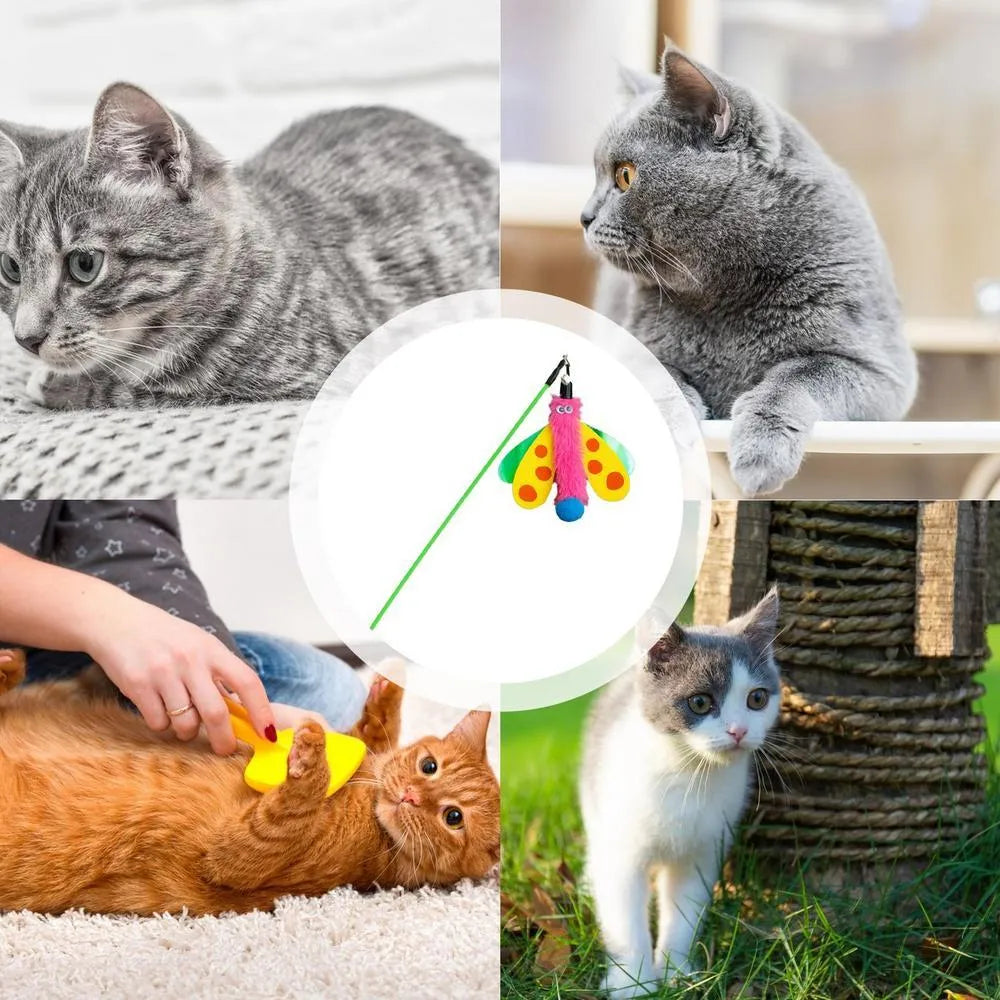 Cat wand toy with bell dragonfly attachment in green, yellow, and pink on white background