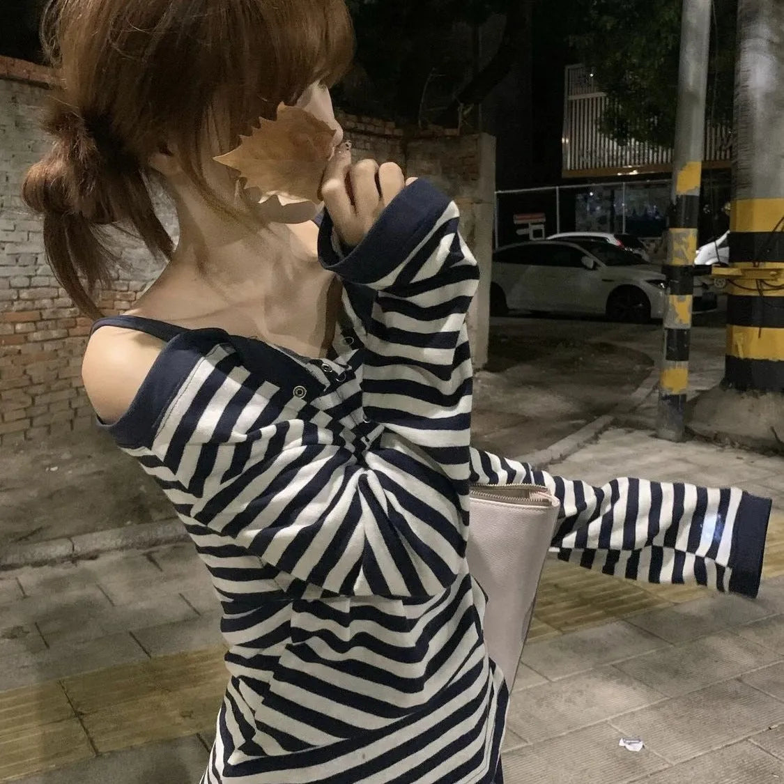 Women's dark blue Korean-style oversized T-shirt with embroidery and stripe pattern detail