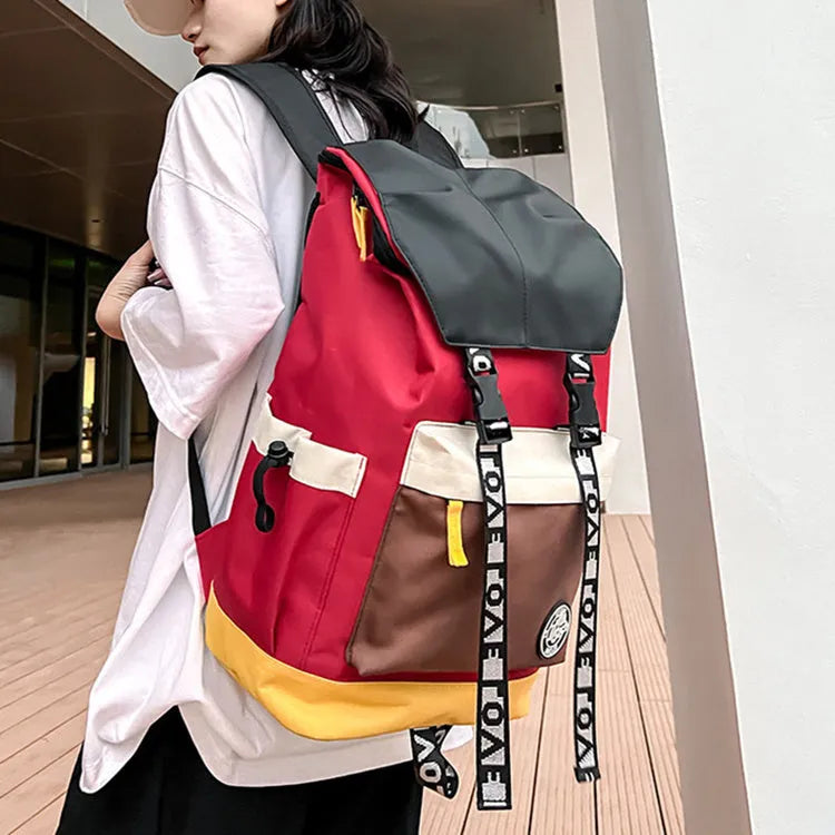 Oxford cloth student backpack showing three carrying methods in black, green and red colour options