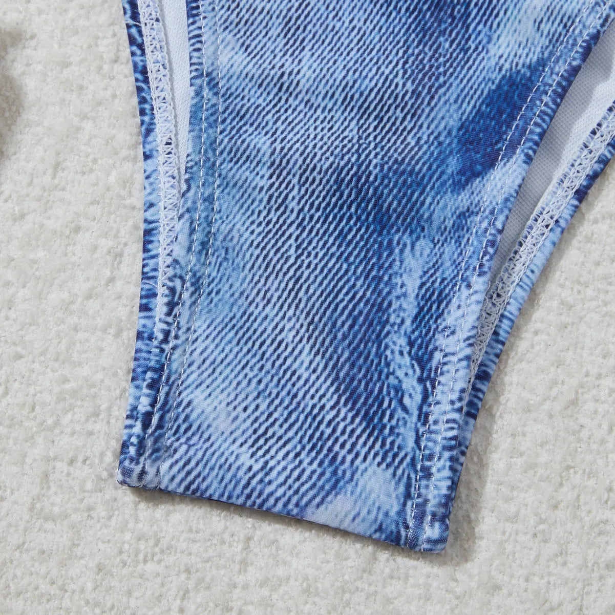 Women's denim print bikini set with strap details in blue colour