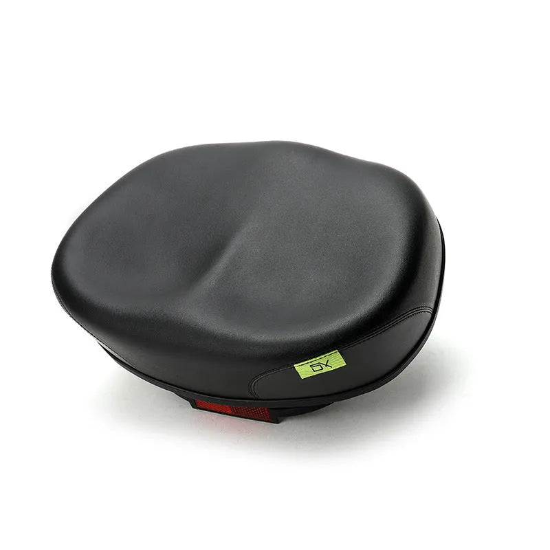 Thickened plus-size bicycle saddle in red, grey, or light brown with reflective stickers and PU cover.