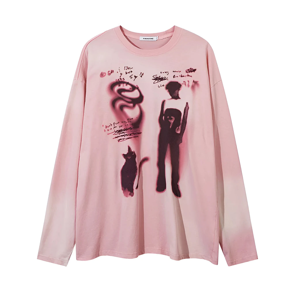 Loose dark grey cotton pullover top with letter pattern and drop-shoulder long sleeves on a hanger