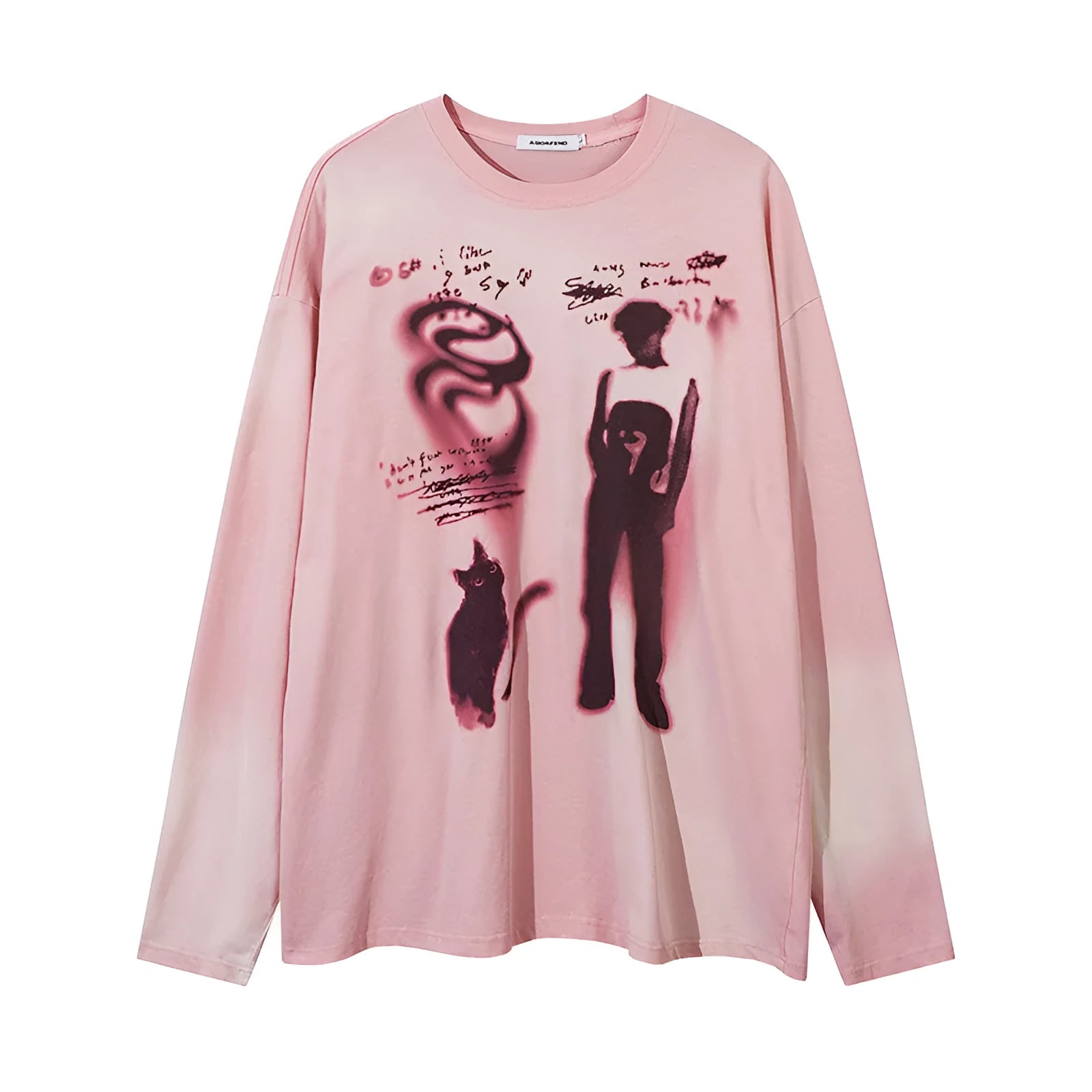 Loose dark grey cotton pullover top with letter pattern and drop-shoulder long sleeves on a hanger