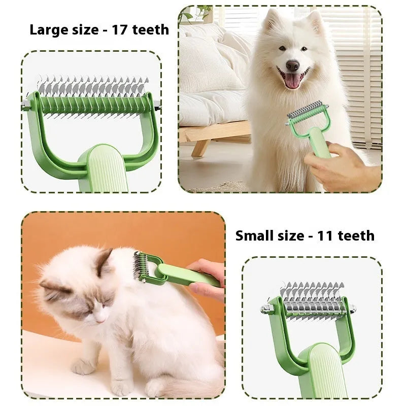 Green dog grooming comb with stainless steel teeth for detangling matted pet hair
