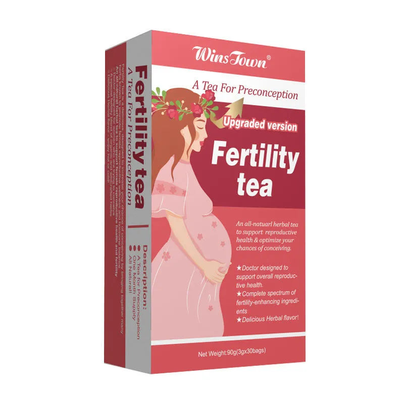 Box of Fertility Tea showing three packs of 30 herbal tea bags each for daily brew wellness supplement