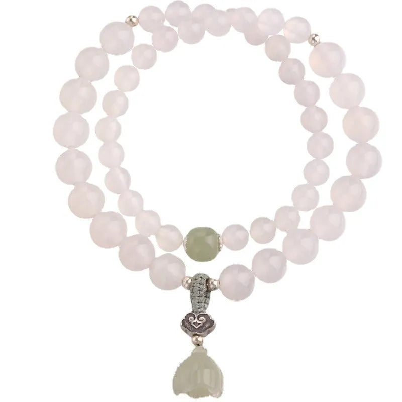 S925 silver bracelet with white agate and Hetian jade lotus design for women