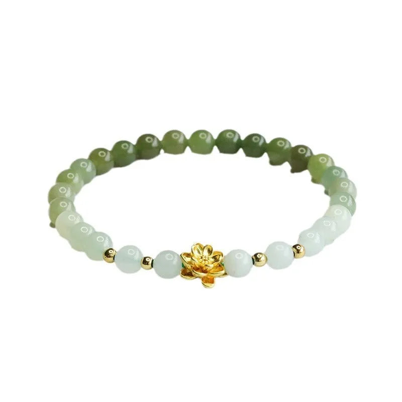 Hand-woven Hetian jade clear water gradient bracelet with lotus flower shape, 6mm beads, 17cm length