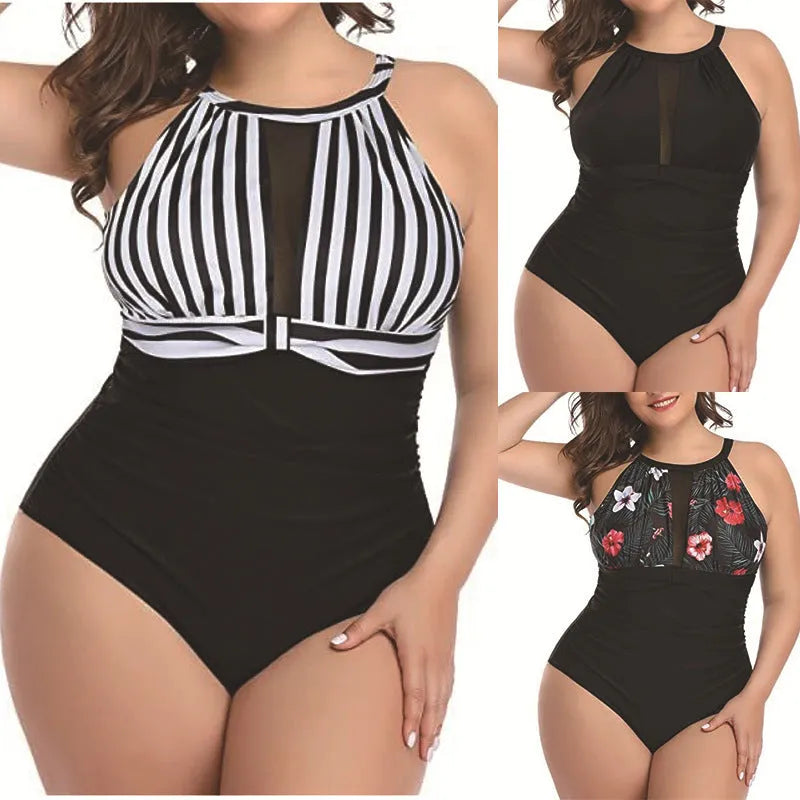 Women's black one-piece swimsuit with lace detailing on mannequin showing front and back views