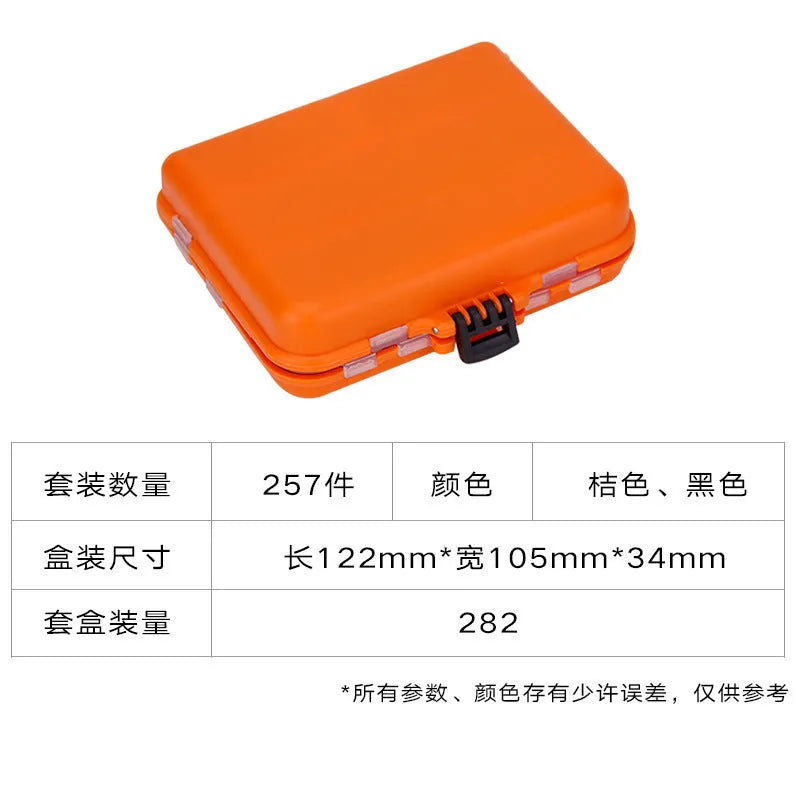 Weihe 257-piece fishing lure accessories kit in orange or black ABS organiser box.