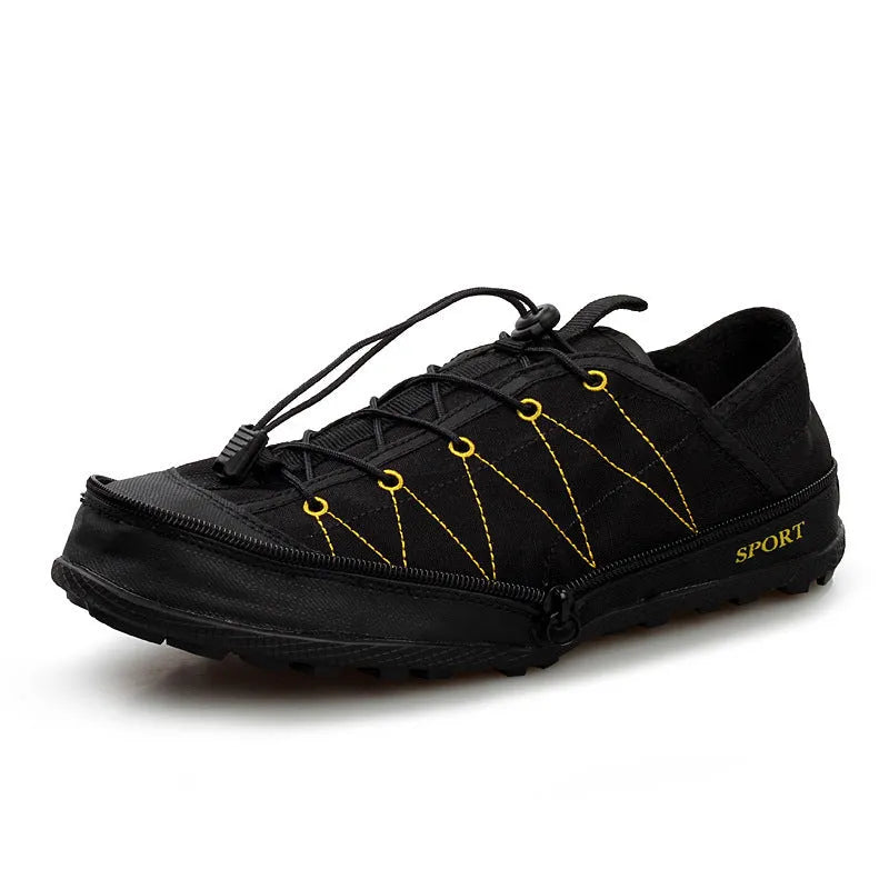Portable folding outdoor hiking shoes with side zipper in orange, black, or grey colours