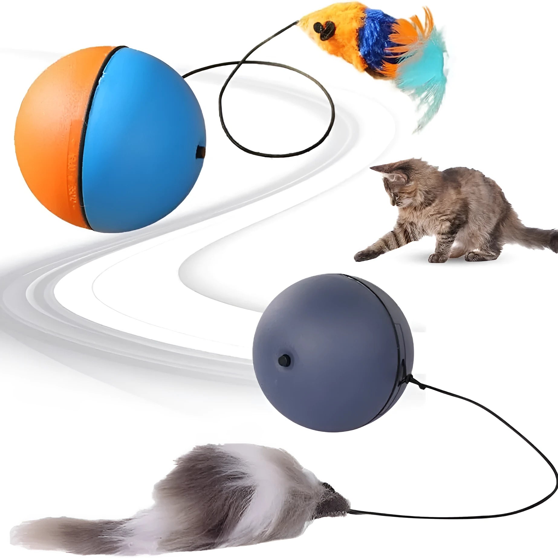 Automatic interactive cat ball toy in blue orange colour, self-rolling motion for indoor pets