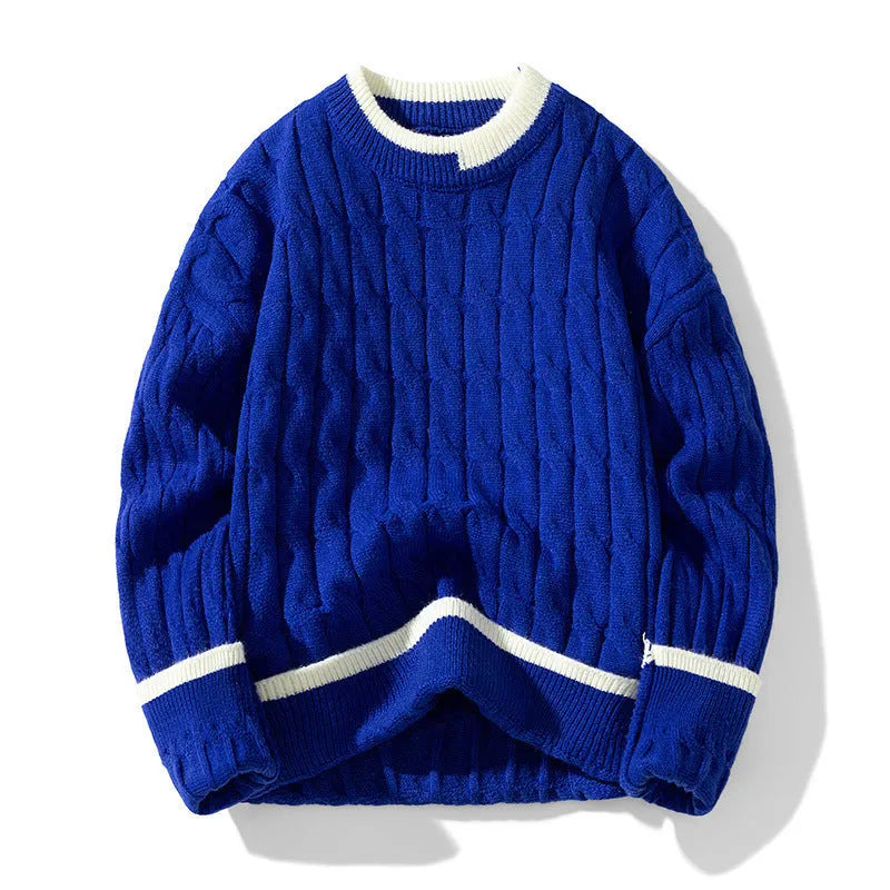 Man wearing a loose fit light blue modal acrylic blend long sleeve pullover sweater