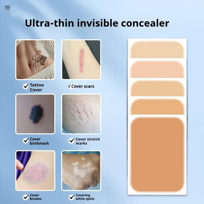 Tattoo cover patch and a thin 130mm long concealer brush for precise application, with six colour options displayed.