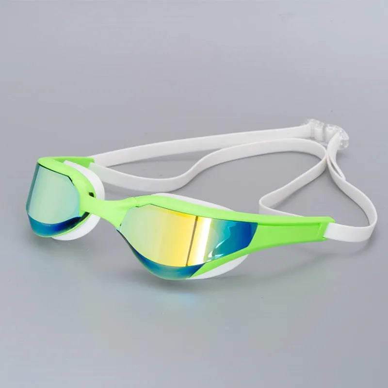 Pair of racing-style anti-fog waterproof swimming goggles with adjustable nose bridges on a blue background