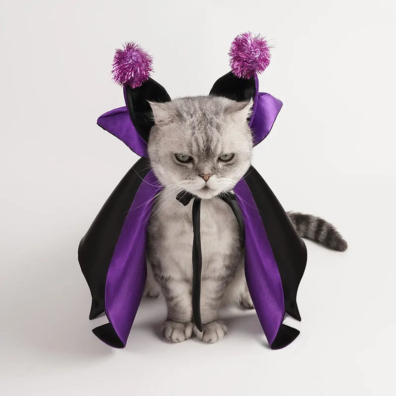 Halloween pet demon cloak and horn hat costume in polyester bat cape style for cats and dogs
