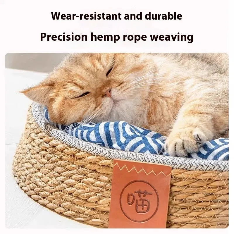 Natural rattan woven cat bed basket with raised edges available in four sizes