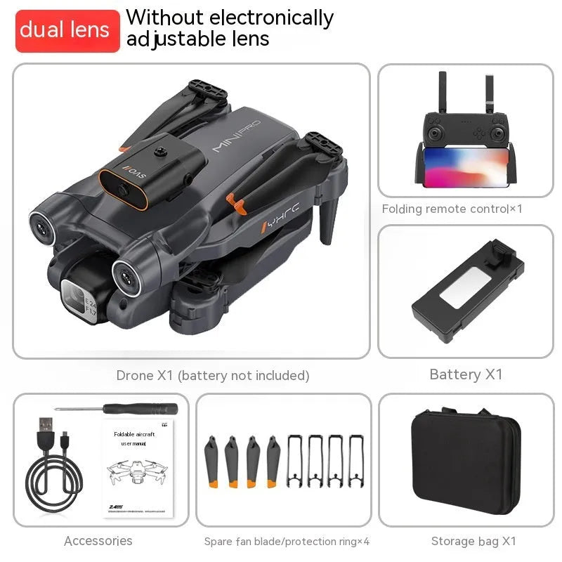 Black foldable quadcopter drone with four propellers and a mounted camera, shown next to its remote control.
