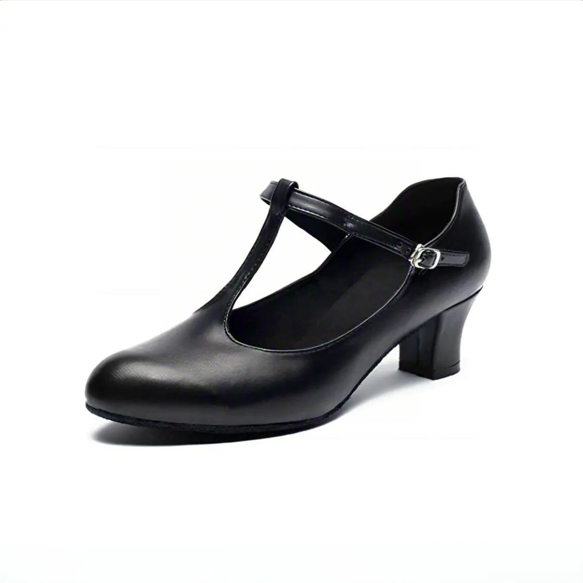 Women's black leather Latin dance shoes with T-shaped straps on a wooden dance floor