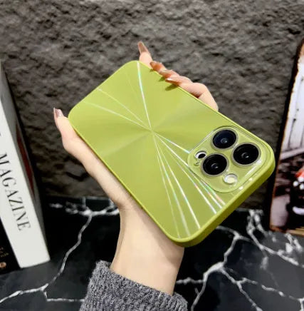 Colourful CD pattern TPU phone case with lens protector for iPhone 15 in purple, showing frosted back and precise cutouts.