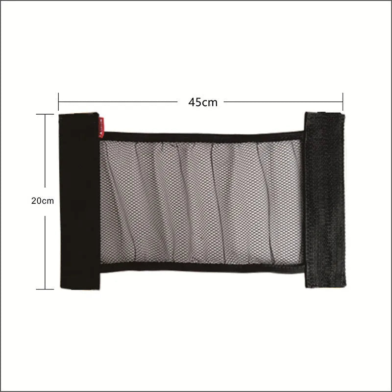 Elasticated grey polyester storage net stretched across a car boot, holding assorted items.