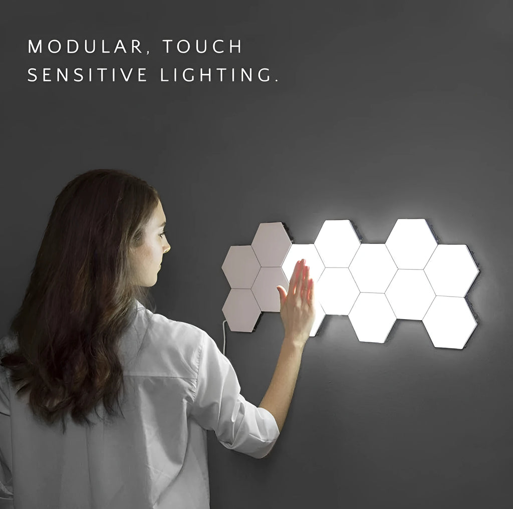 Helios modular honeycomb touch wall lamp showing geometric LED light panels arranged on wall