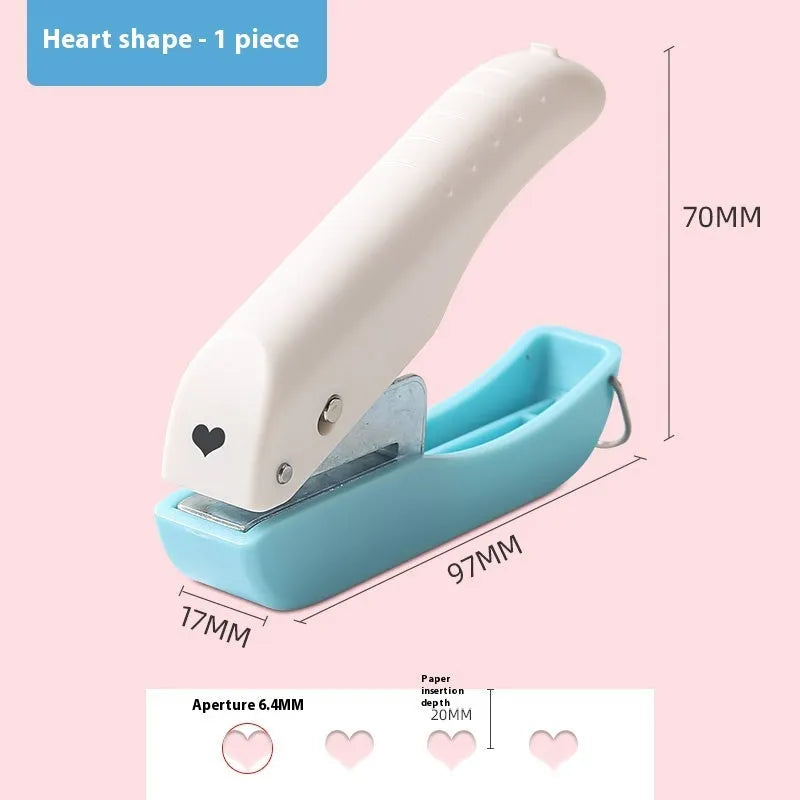 Manual craft punching machine with love, star, and two round hole designs for paper.