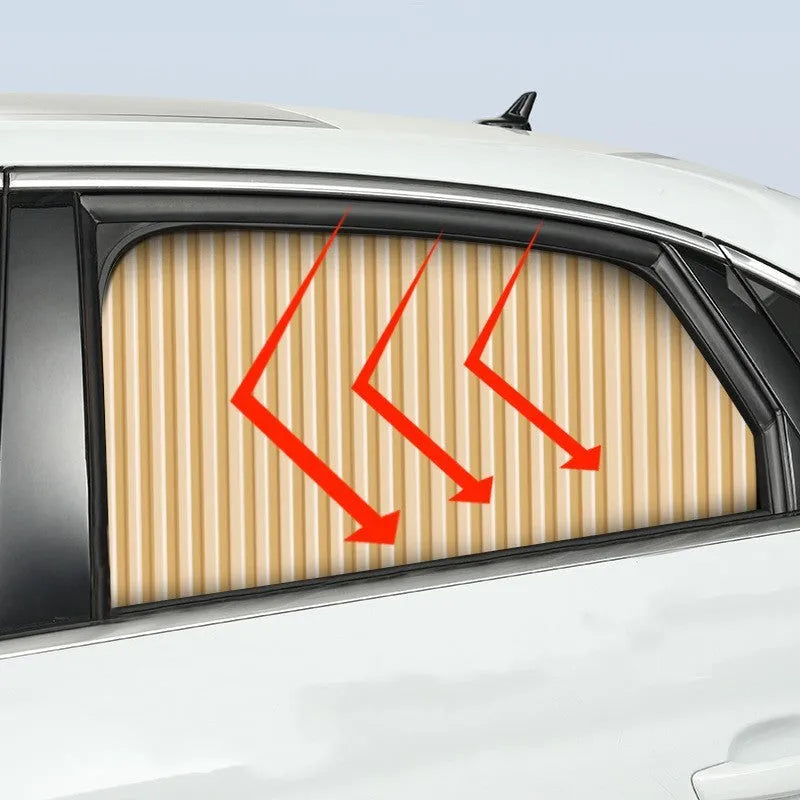 Retractable car sunshade curtain in opaque cloth, gold silver black colours, roller shutter design