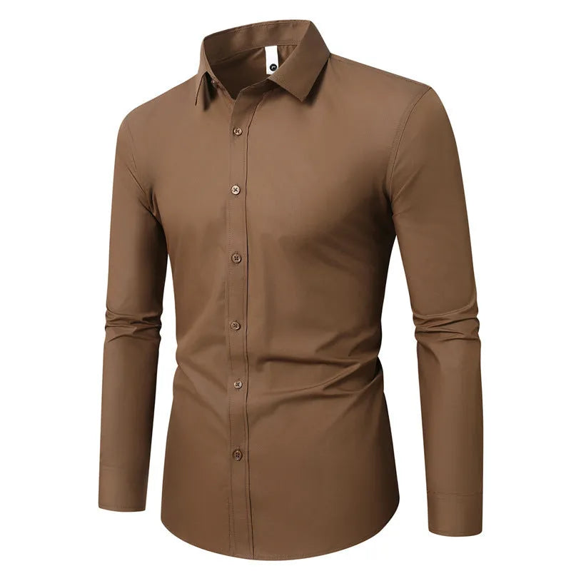 Men's loose-fit long-sleeve linen shirt in a slim style, shown in a neutral colour.
