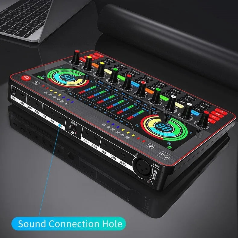 G4 professional live broadcast sound card set with LCD screen, microphone, audio cables, and remote control.