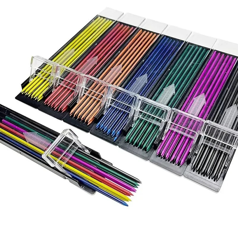 Box containing 12 coloured mechanical pencil lead refills for drawing, including black, blue, green, orange, purple, red, white, and yellow.