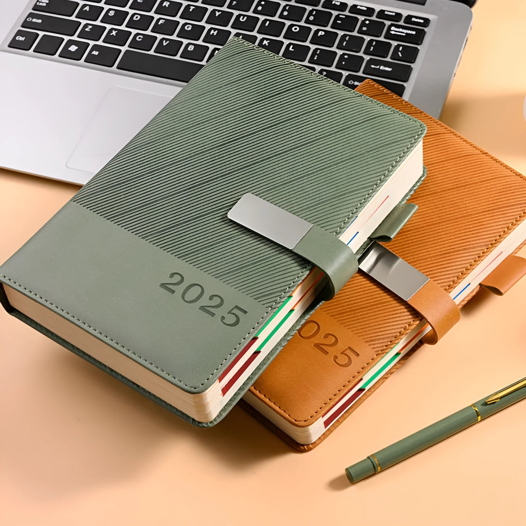 Business notepad with striped PU leather cover showing eight colour options and A5 dimensions