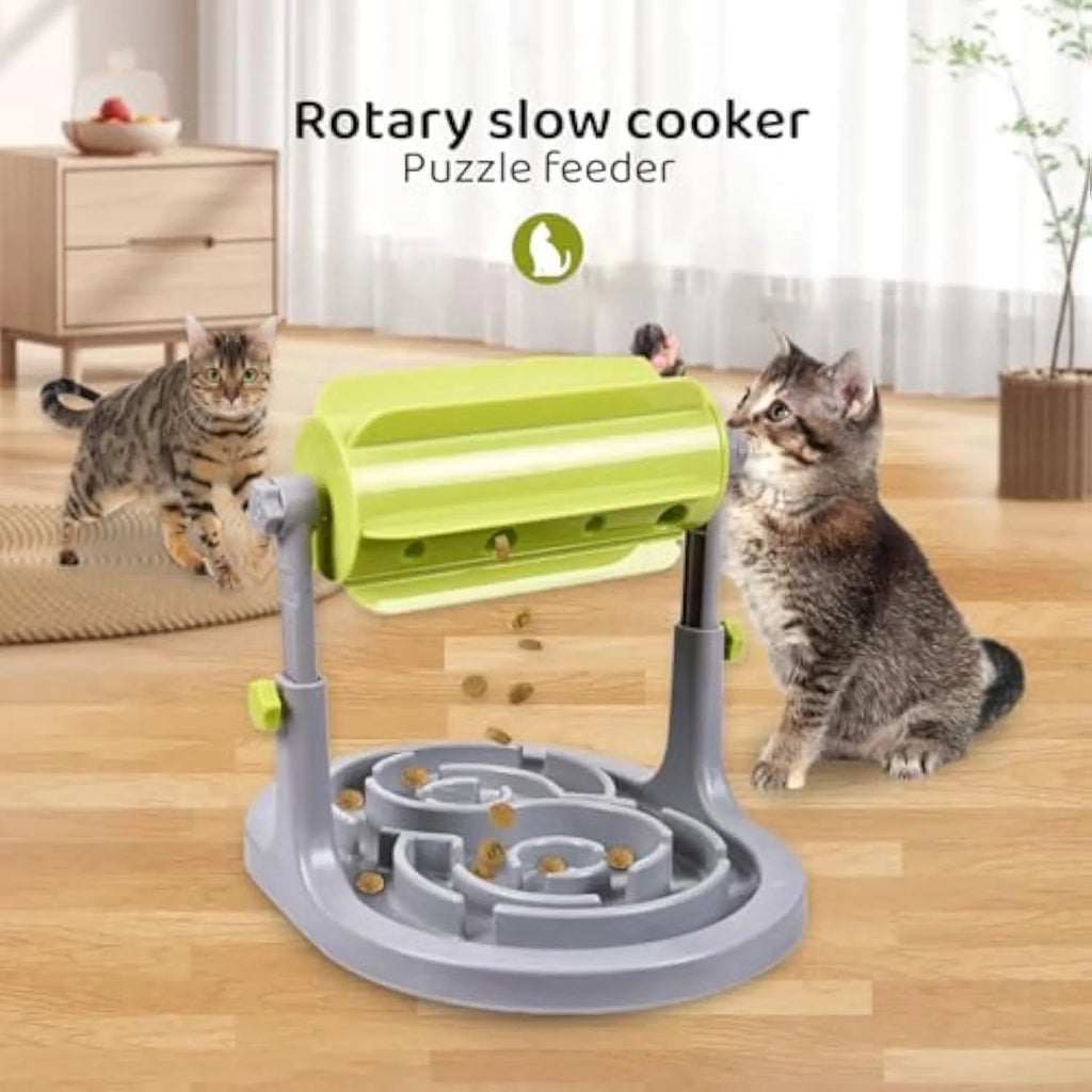 Blue interactive pet slow feeder puzzle bowl with adjustable height and raised patterns