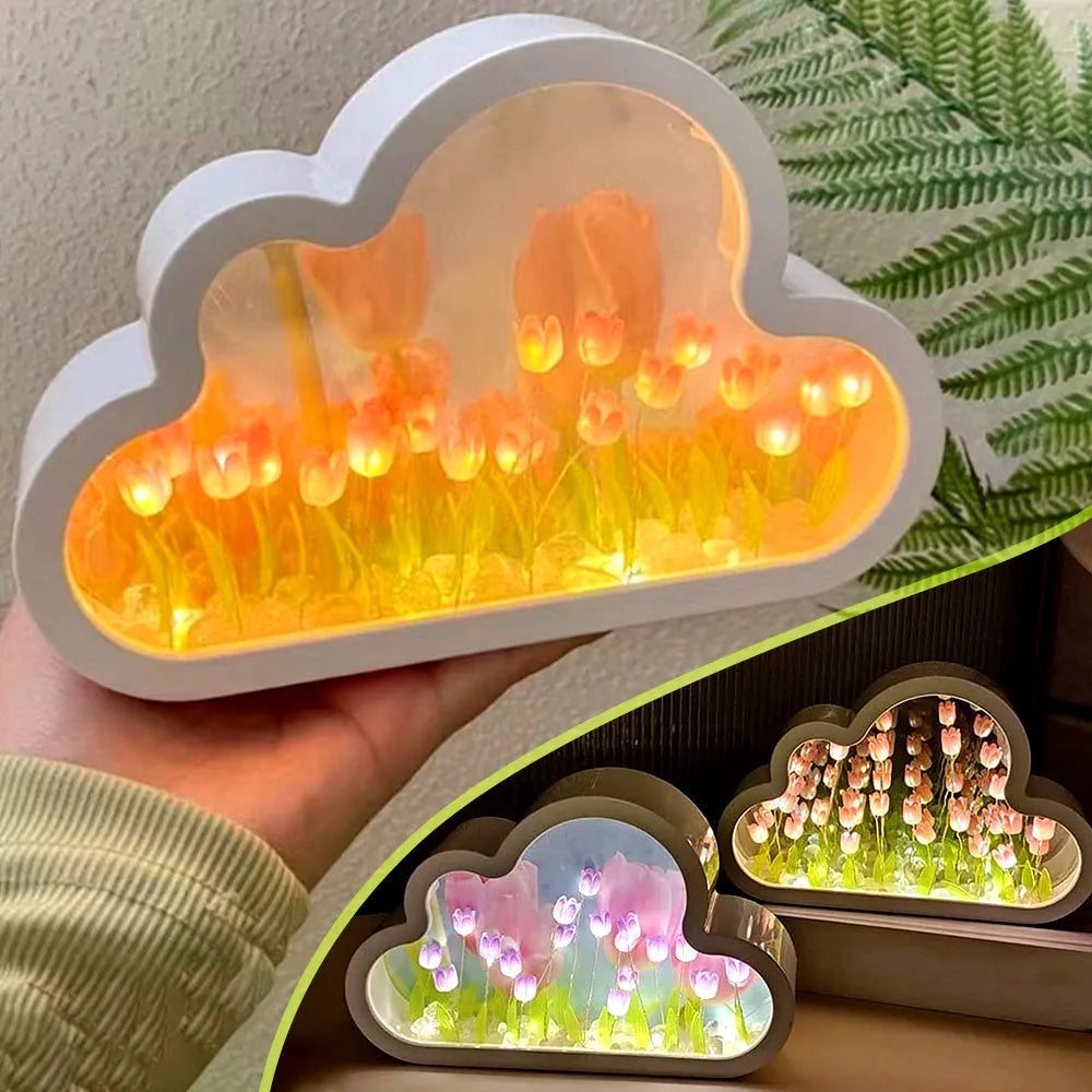 Tulip night lamp DIY kit with pink cloud tulip LEDs and mirror face on a desk