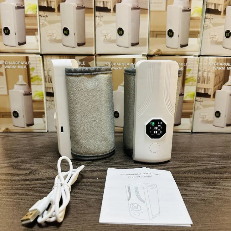 Grey and white car charger electric milk warmer for baby bottles and beverages.