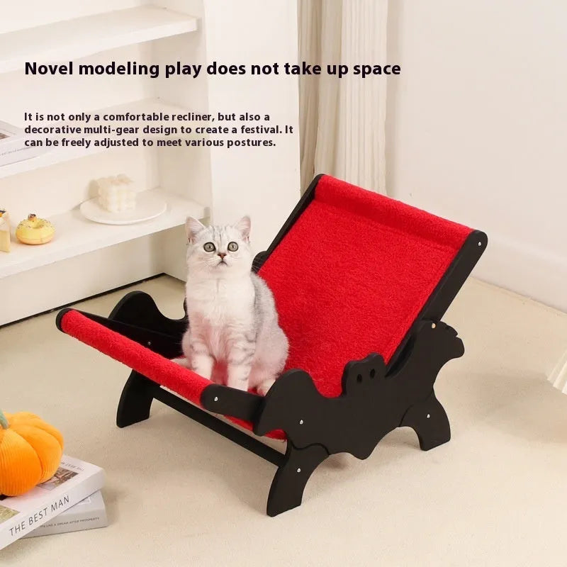 Black and red Halloween bat design wooden cat recliner bed, model MW-054, on a white background.