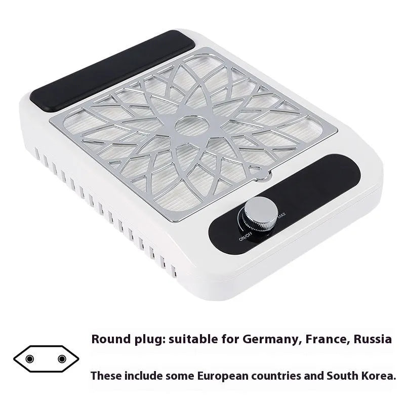 White high-power nail dust collector with adjustable speed and filter net on table