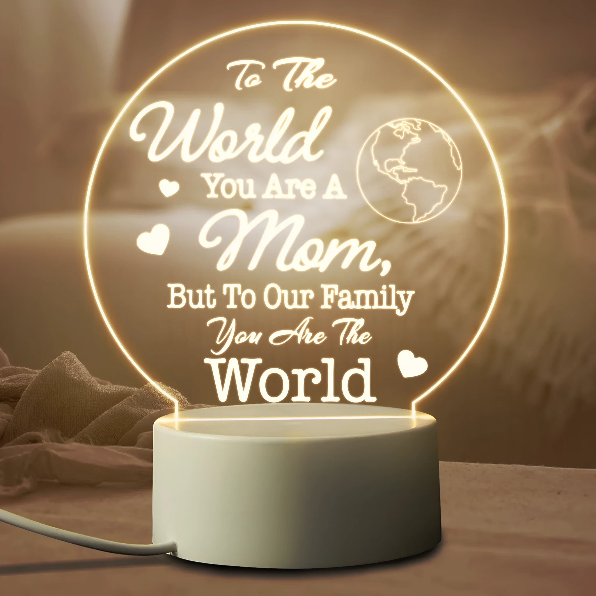 Acrylic LED night light with warm light on white base, USB powered, modern minimalist bedside decoration