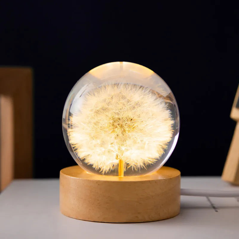3D dandelion crystal ball LED desk lamp on beech wood base