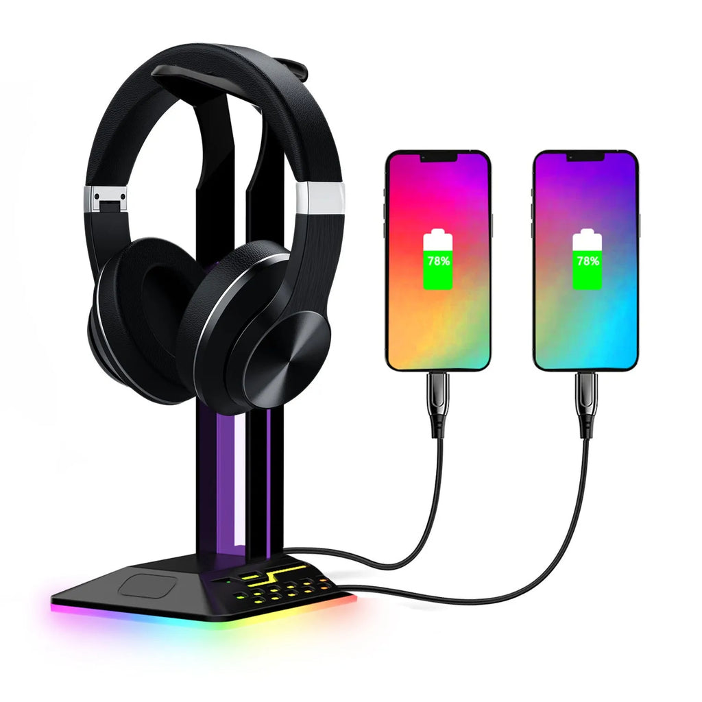 RGB headphone display stand with dual USB ports and colour changing lights on a desk