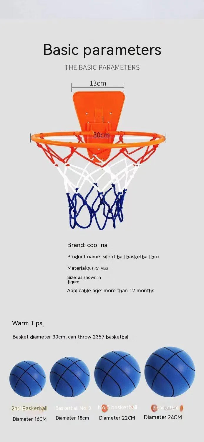 Assorted bright silent foam basketballs in different sizes next to a basketball hoop frame.