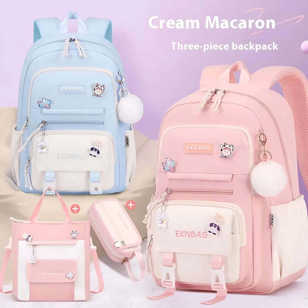 Girls' waterproof school backpack in Oxford cloth with curved shoulder straps, shown in a solid colour.