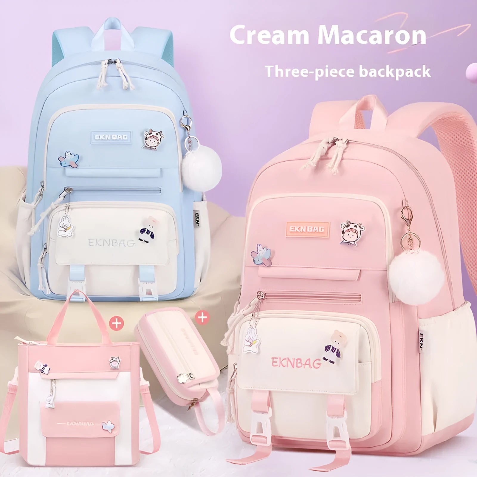 Girls' waterproof school backpack in Oxford cloth with curved shoulder straps, shown in a solid colour.