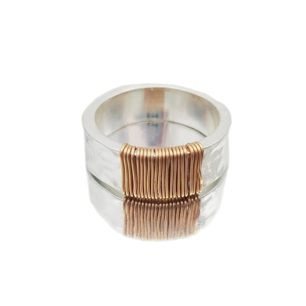 Copper simple bracelet with irregular coil geometric design and silver gold electroplated colour