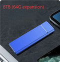 Sapphire blue portable external solid state hard drive with metal shell, shown next to its USB cable.