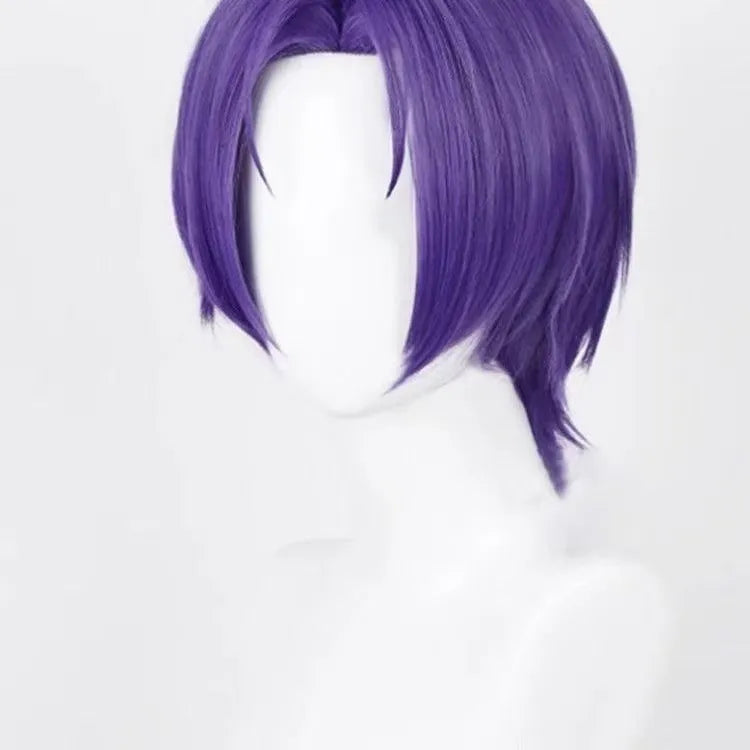 Purple short straight high temperature fibre cosplay wig on a mannequin head